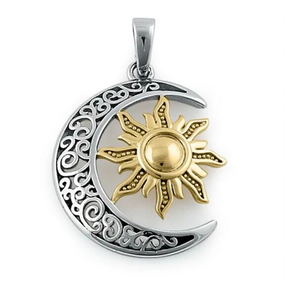 Sterling Silver Two-tone Bohemian Sun and Moon Necklace Pendant New - Picture 3 of 5